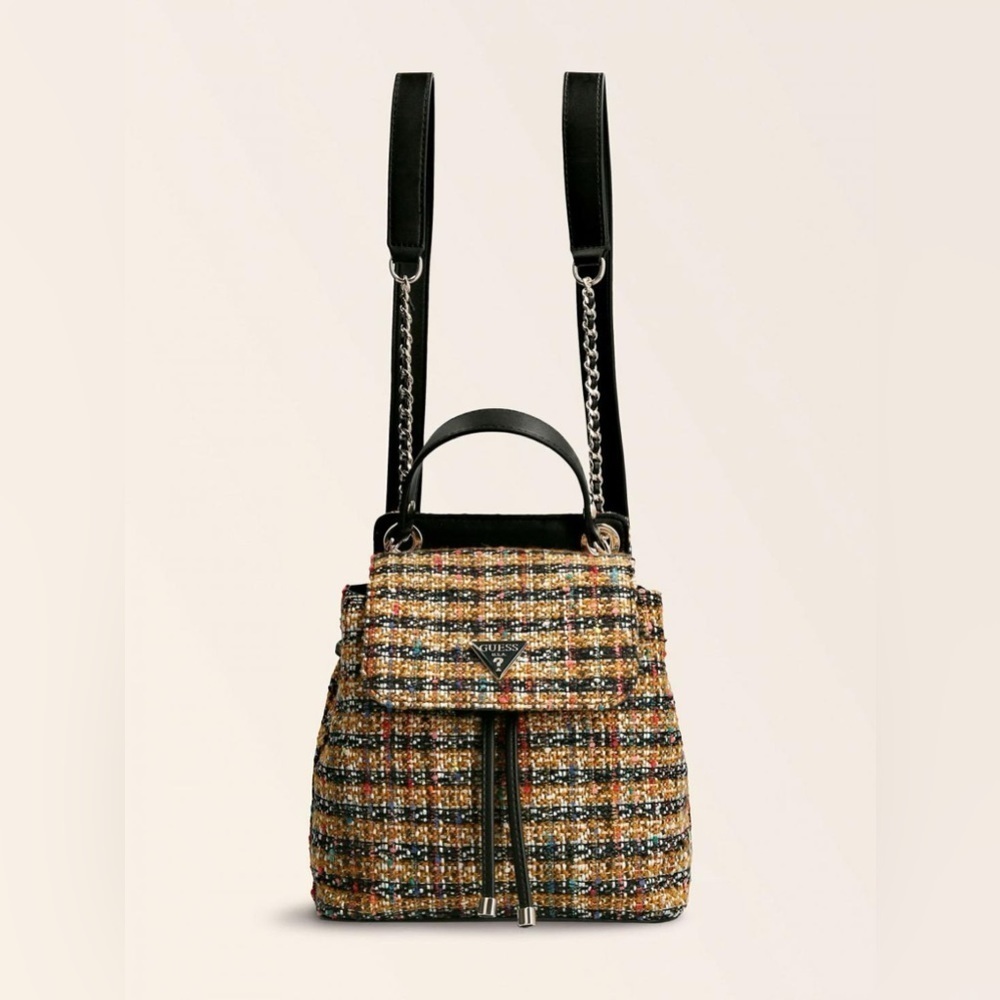 GUESS convertible Cessily black‎ and yellow Tweed Backpack purse bag